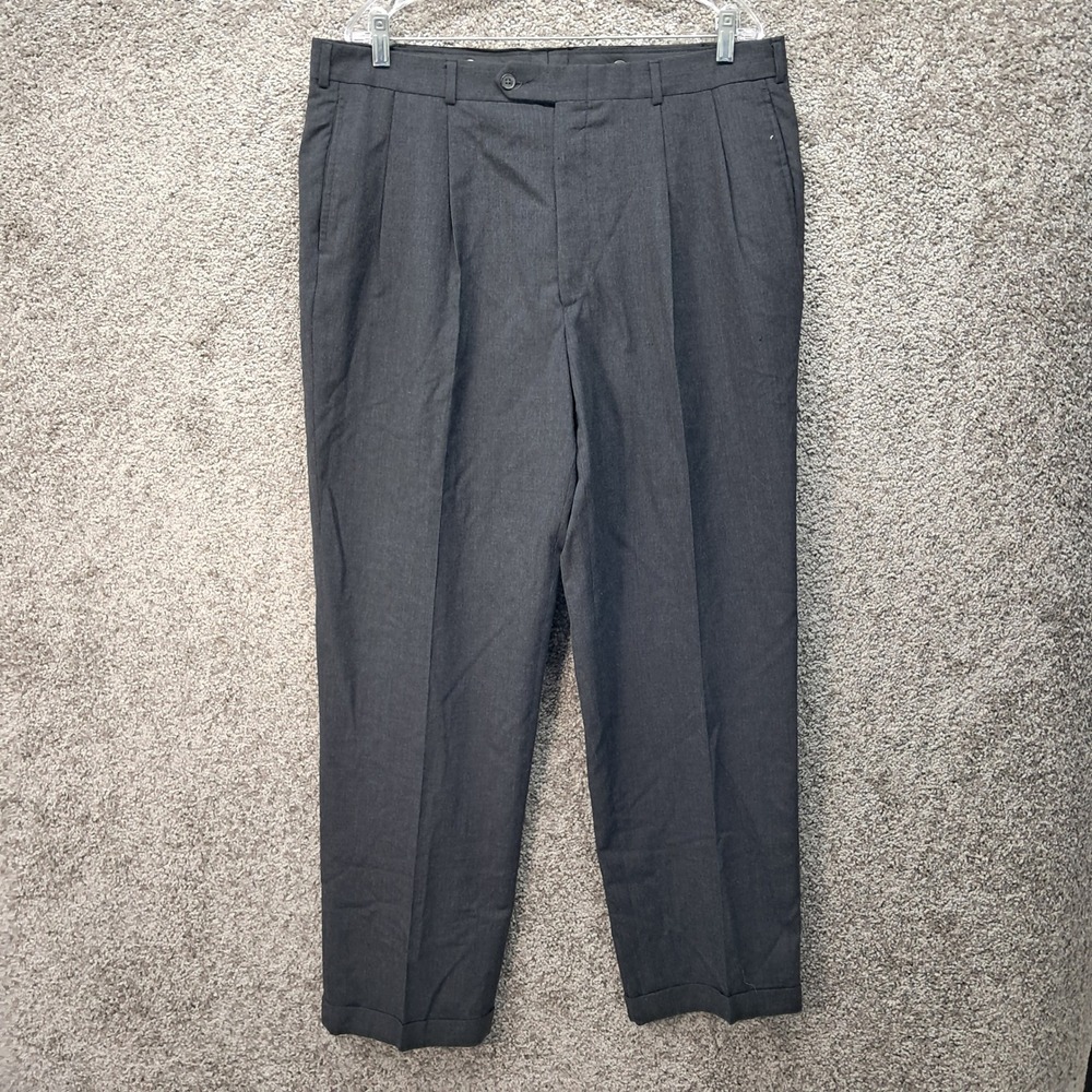 Lands End Mens 38x32 Gray 100% Wool Pleated Cuffed Dress Pants Made in USA 8177